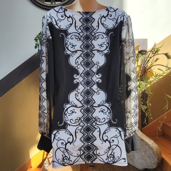Sheer Sleeve Alfani Top Black White Flowy Dressy Sequin Neck Formal Blouse M - Picture 9 of 12